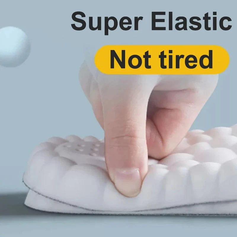 Hand pressing a soft, white insole with 'Super Elastic Not tired' text on a light blue background
