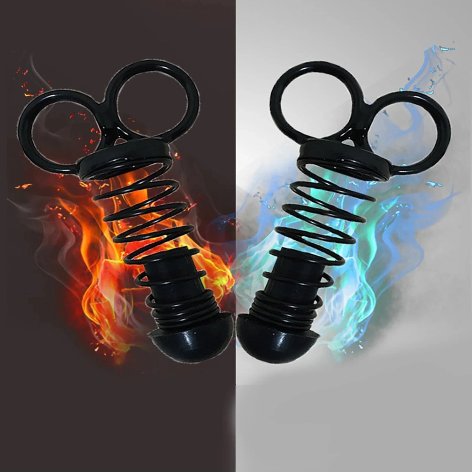 Hand using finger strengthener with fire and ice effects showing intensity