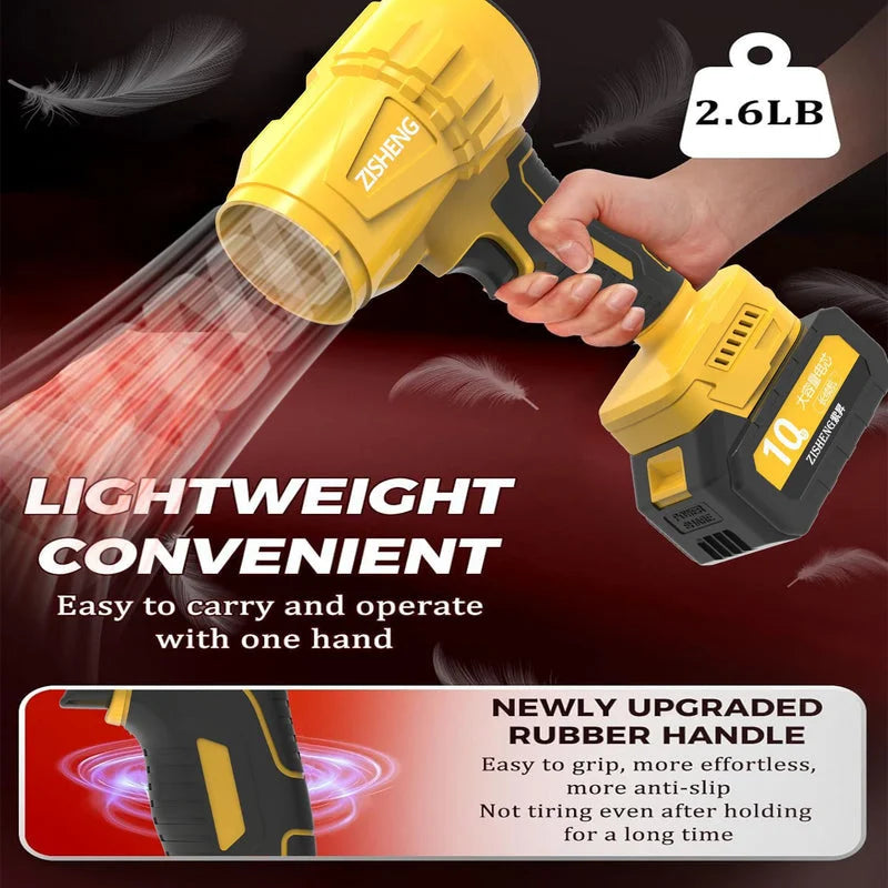 Hand using lightweight yellow handheld blower with upgraded rubber handle, demonstrating powerful airflow.