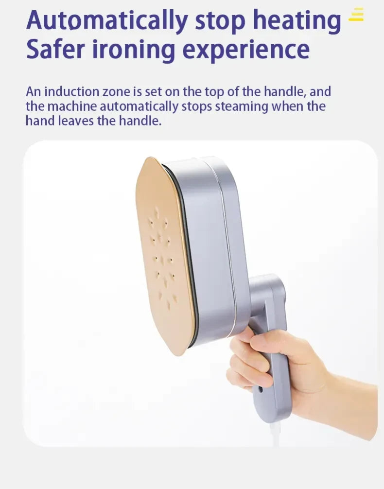 Handheld iron with induction zone and safety feature, held by a hand.