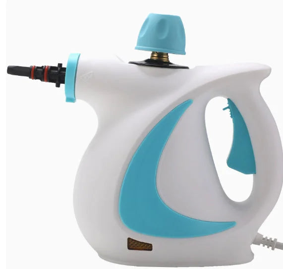 Handheld steam cleaner main unit with white body and blue accent, compact side profile