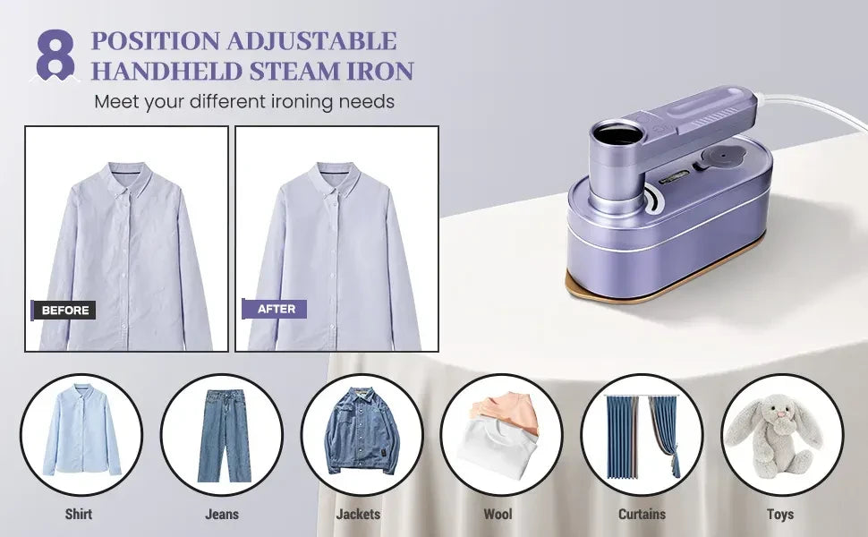 Handheld steam iron with before and after images of clothing, and uses listed.