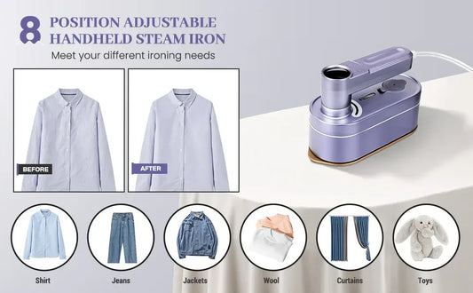 Handheld steam iron with before and after images of clothing, and uses listed.