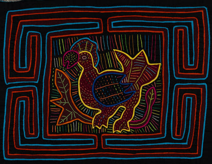 Hand-stitched Panama mola tapestry of a black orange and blue rooster, colorful folk-art fabric wall hanging