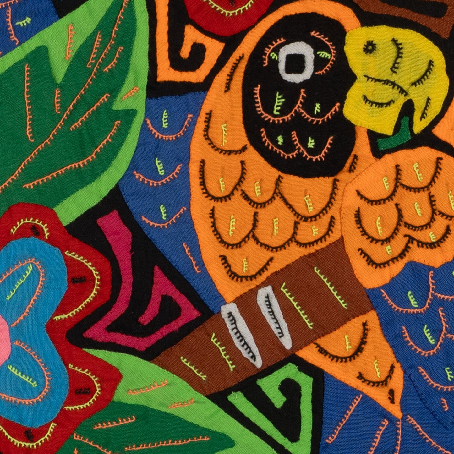 Two Parrots Mola Tapestry Orange and Blue Wall Hanging