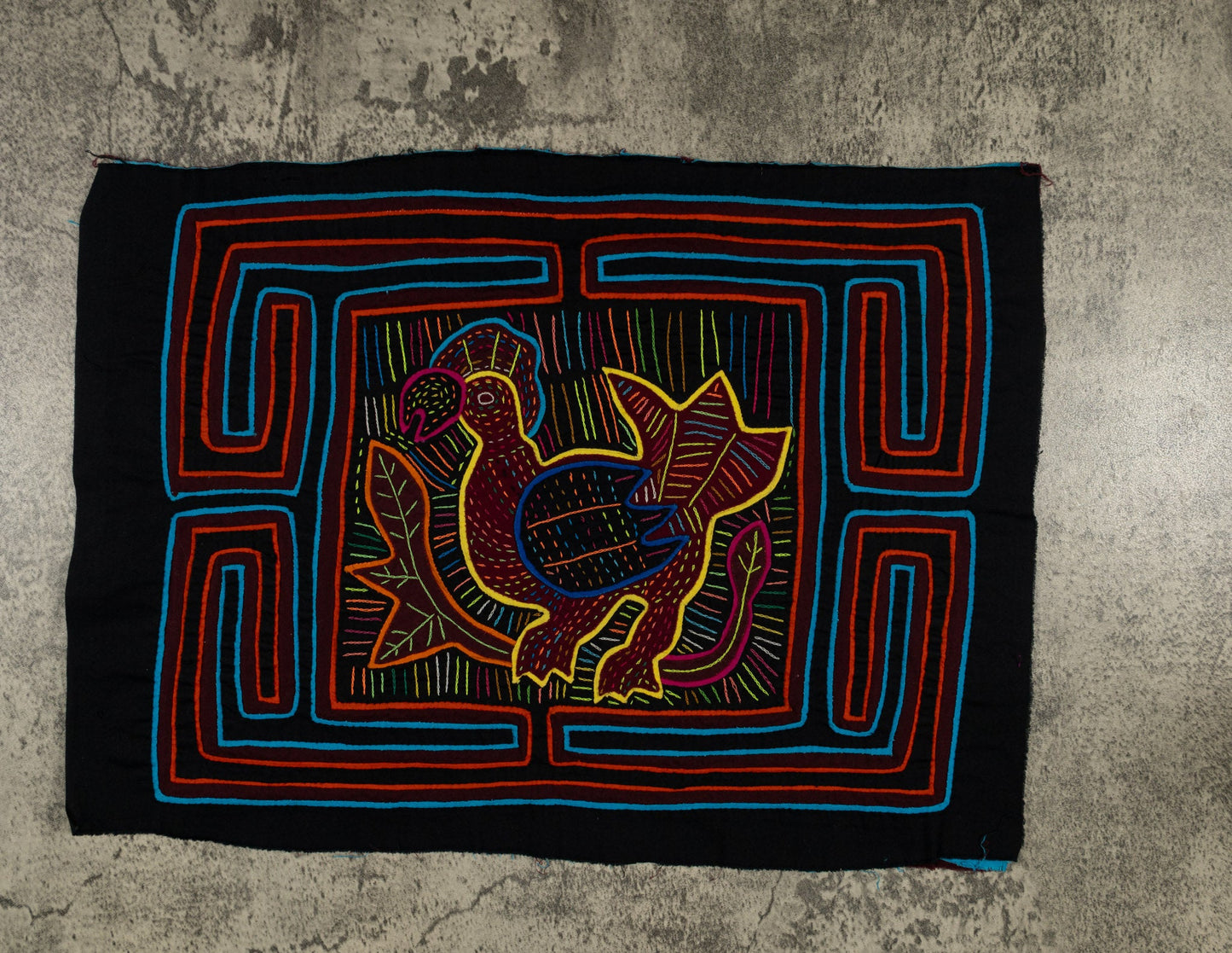 Black Orange and Blue Rooster Mola Tapestry Wall Hanging