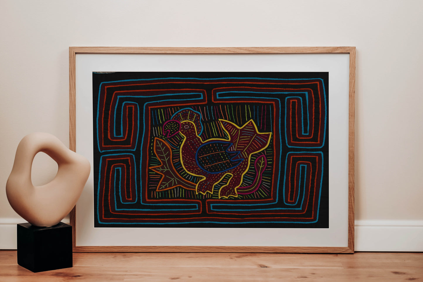 Black Orange and Blue Rooster Mola Tapestry Wall Hanging