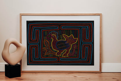 Black Orange and Blue Rooster Mola Tapestry Wall Hanging