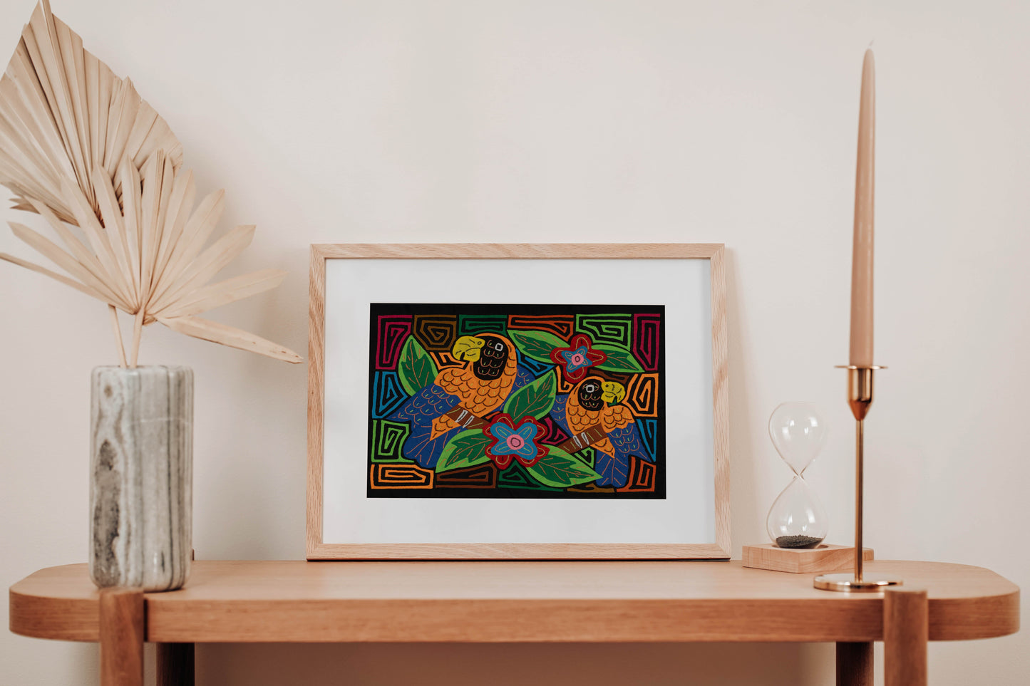 Two Parrots Mola Tapestry Orange and Blue Wall Hanging