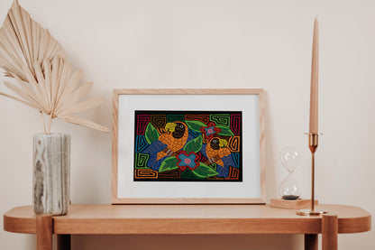 Two Parrots Mola Tapestry Orange and Blue Wall Hanging