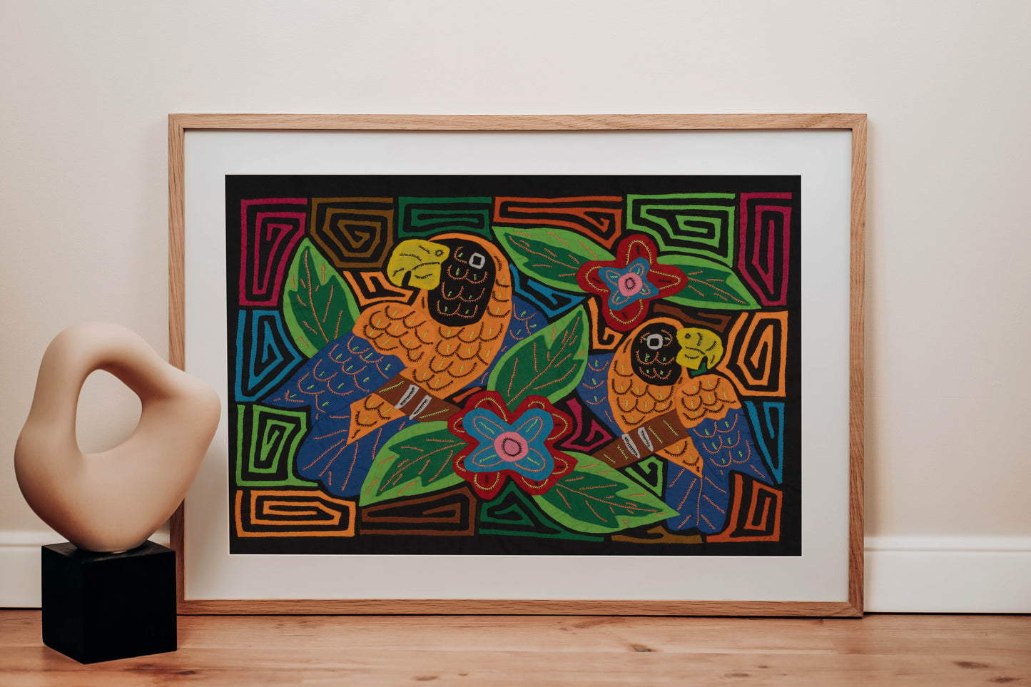 Two Parrots Mola Tapestry Orange and Blue Wall Hanging