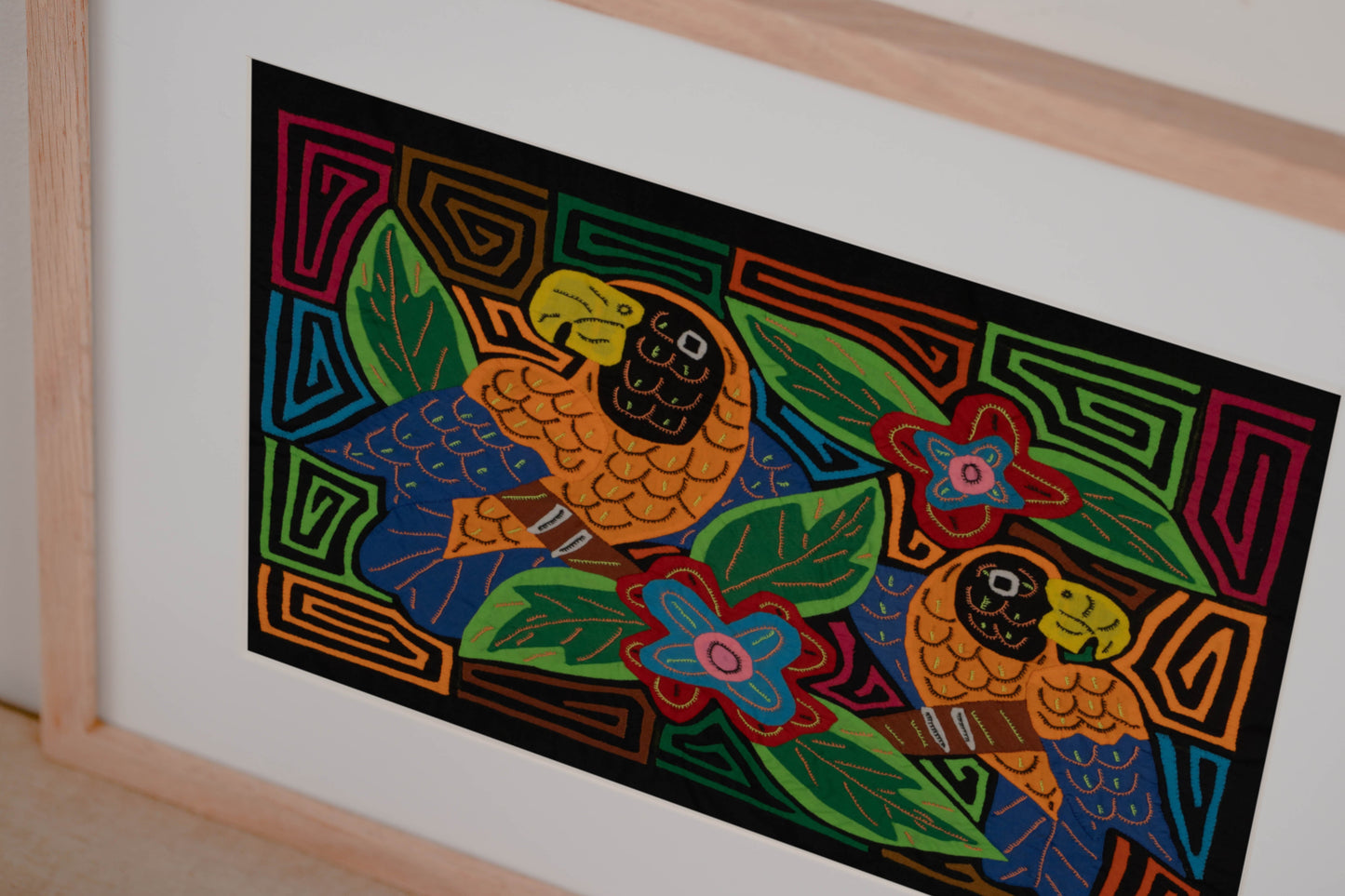 Two Parrots Mola Tapestry Orange and Blue Wall Hanging