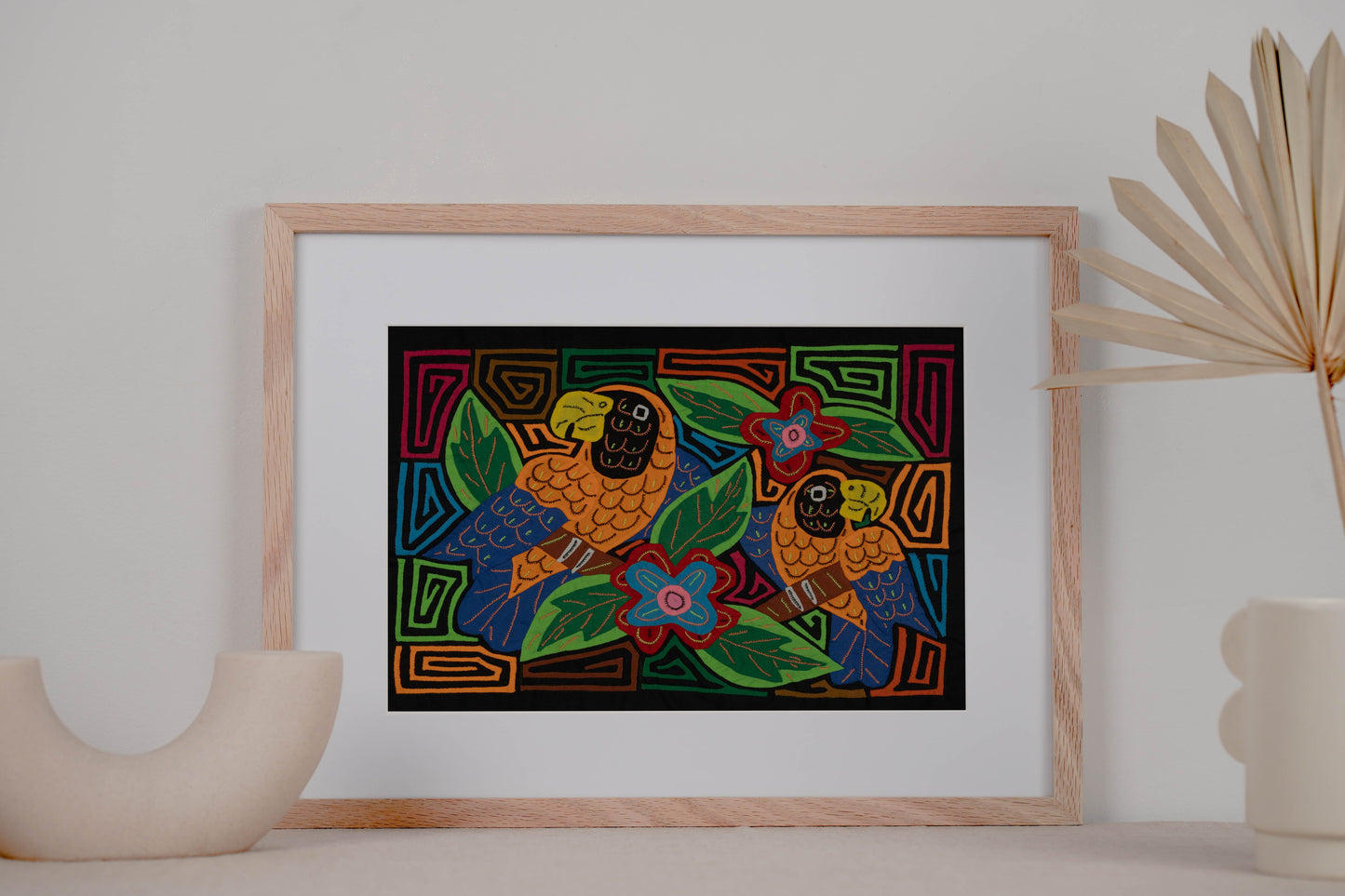 Two Parrots Mola Tapestry Orange and Blue Wall Hanging