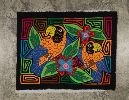 Two Parrots Mola Tapestry Orange and Blue Wall Hanging