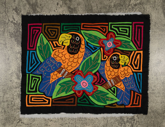 Two Parrots Mola Tapestry Orange and Blue Wall Hanging