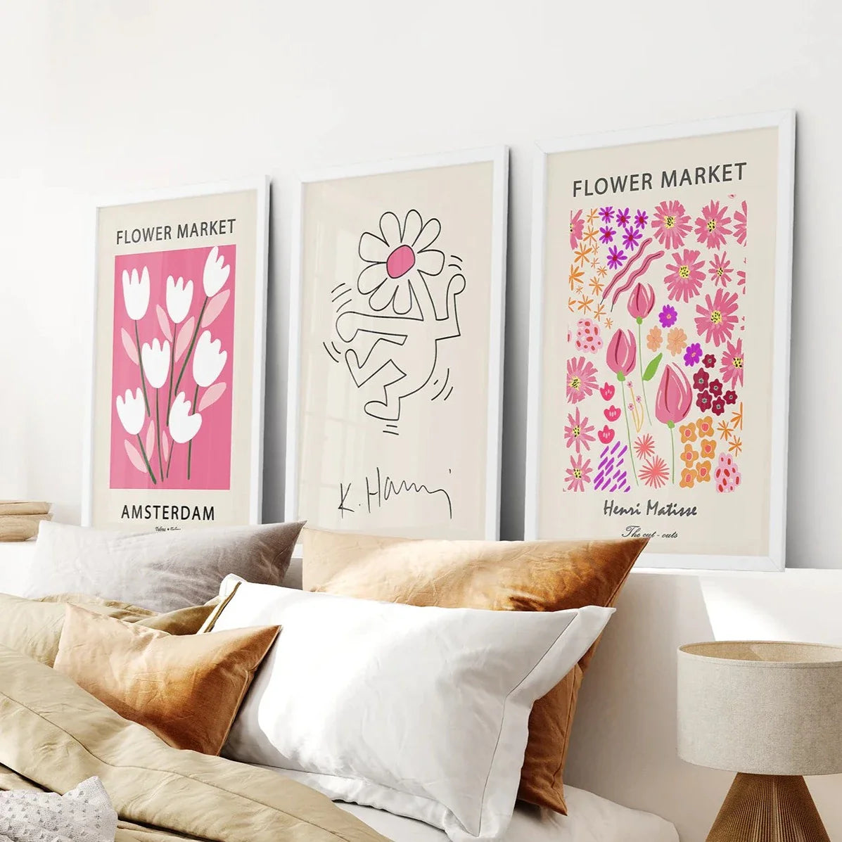 Pink modern pop art wall art set of 3 with flower market print