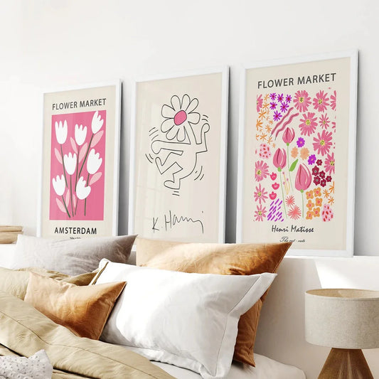 Pink modern pop art wall art set of 3 with flower market print