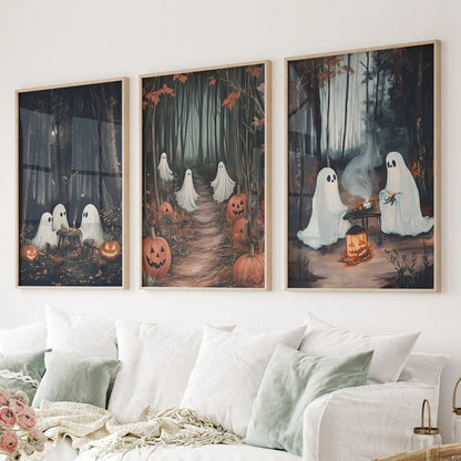 Ghost Couple Fall Forest Wall Art Set of 3 Prints