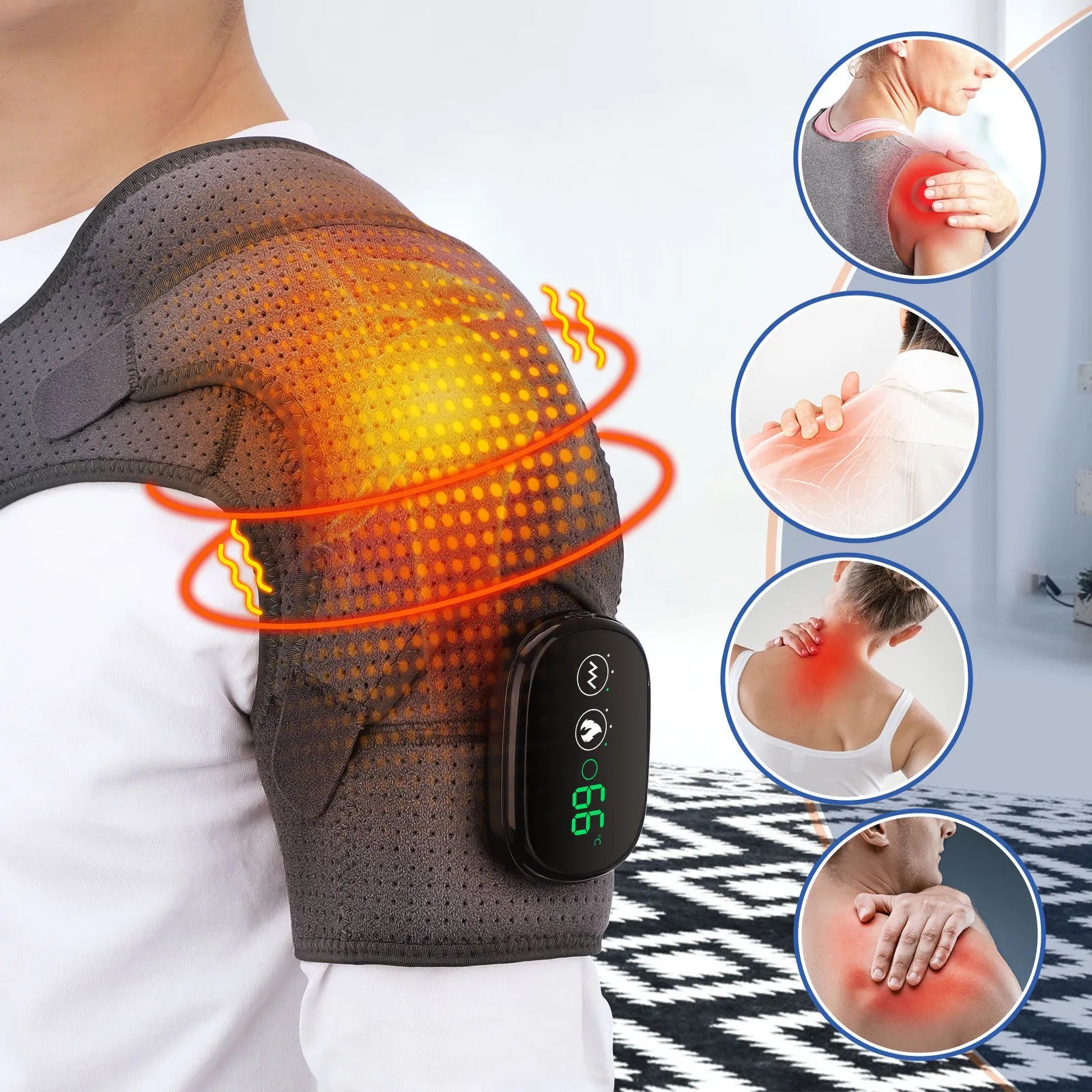 Heated shoulder wrap with LED display showing heat and massage settings cordless rechargeable