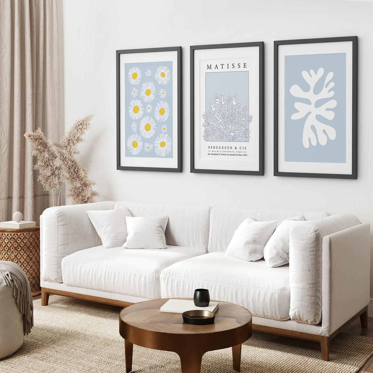 Blue Abstract Wall Art Set of 3, Leaf and Cut-Out Prints