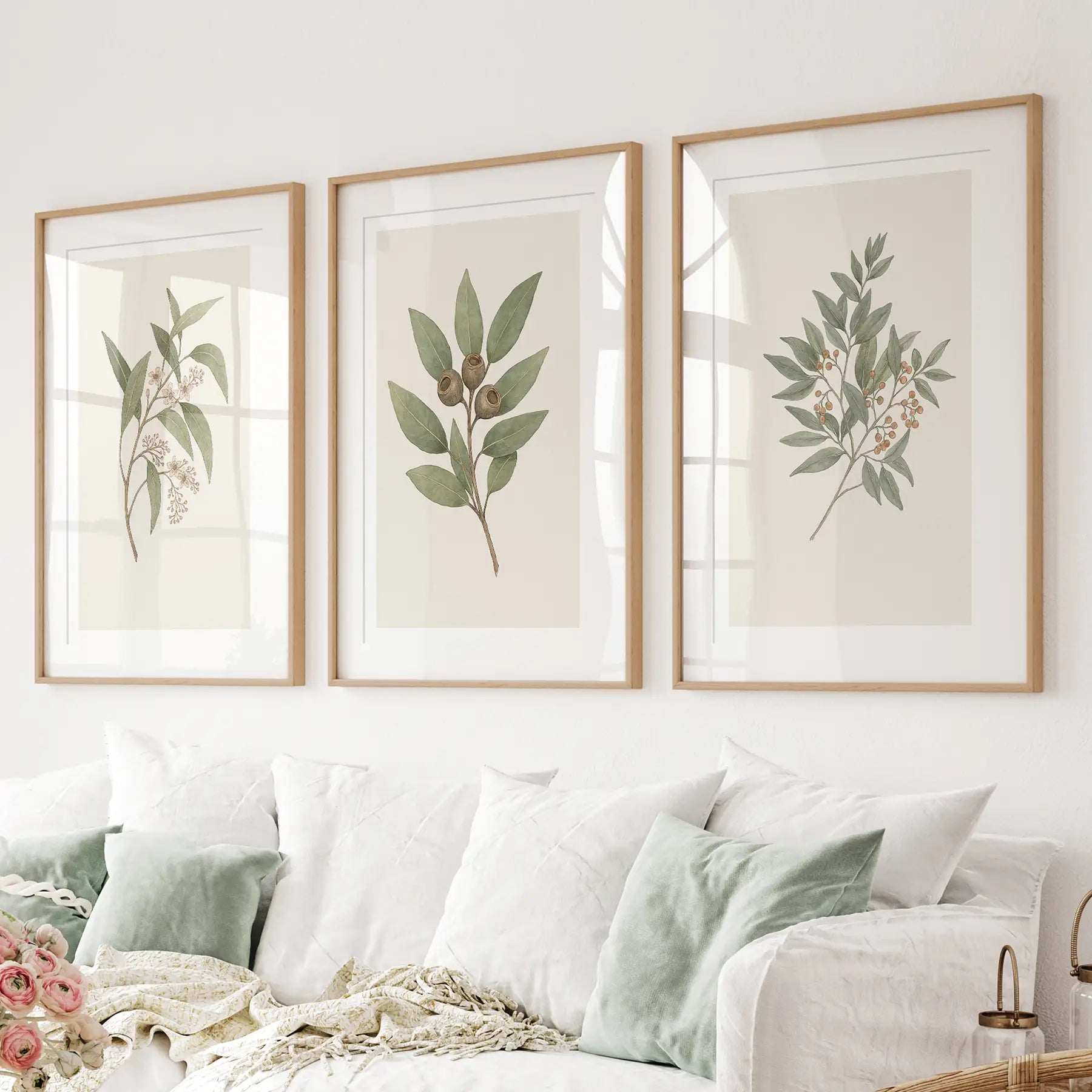 Vintage neutral botanical gallery wall art set of 3 prints