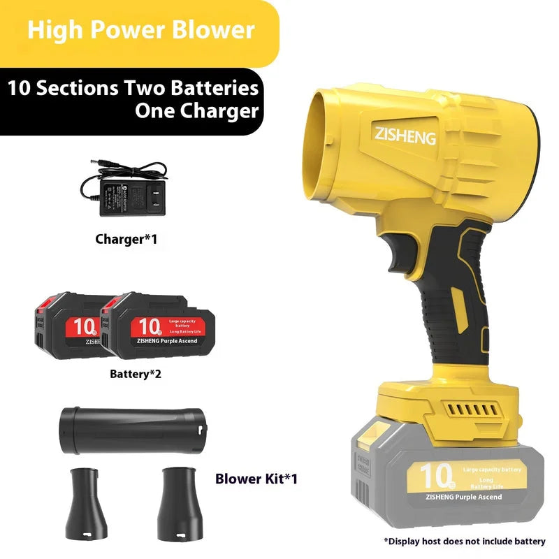 High-power blower kit including two 10-cell batteries, charger, and nozzles for extended operation time.