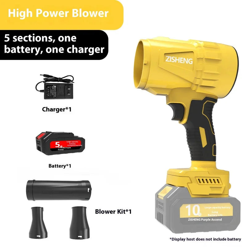High-power yellow handheld blower shown with charger, battery, and nozzle kit laid out for a complete cleaning setup.