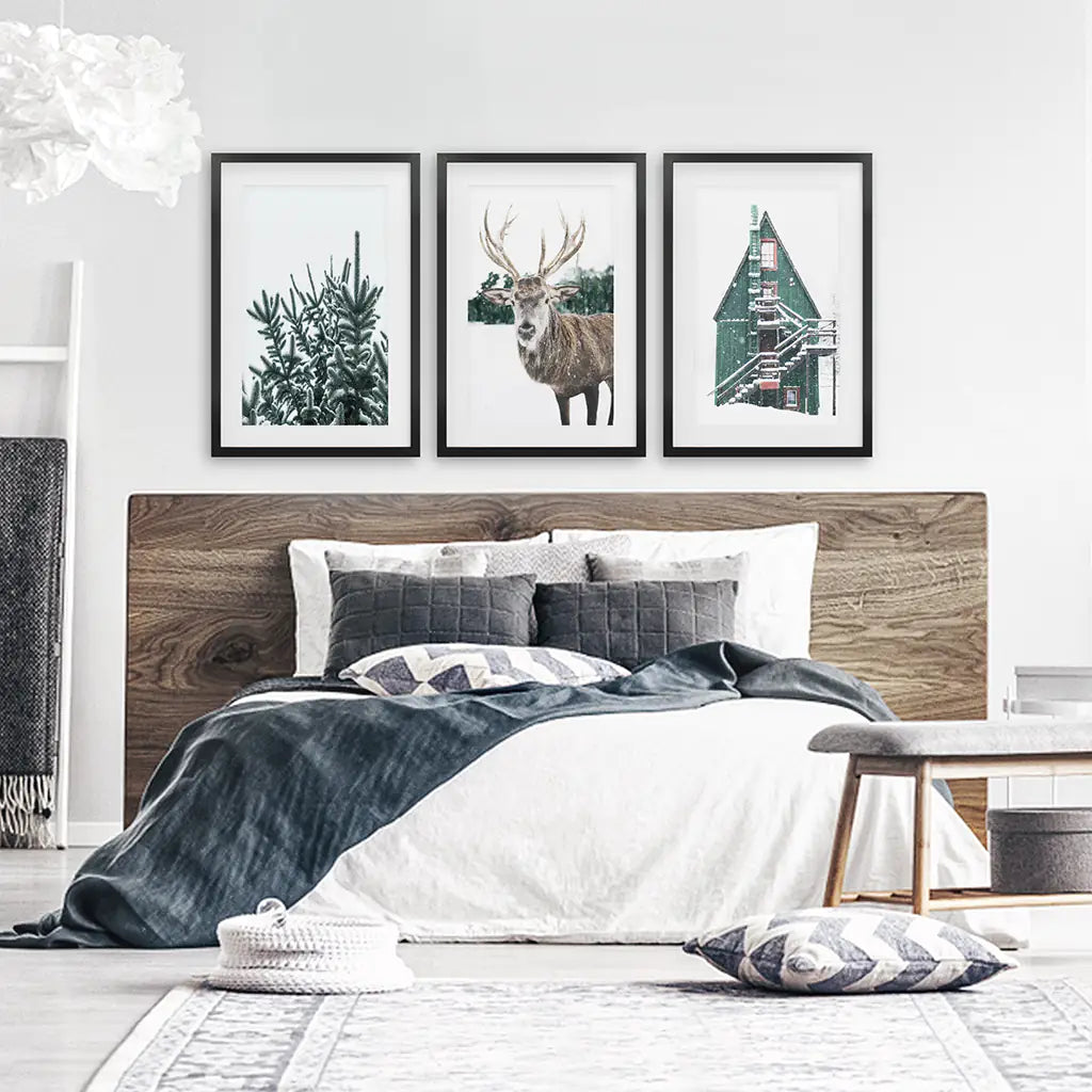 Rustic Christmas Wall Art Set of 3 Deer Prints