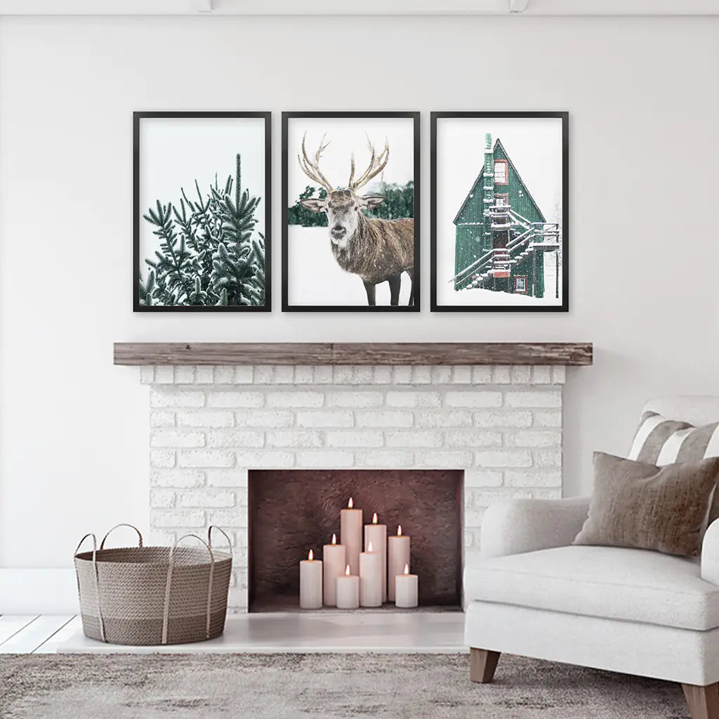 Rustic Christmas Wall Art Set of 3 Deer Prints