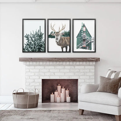 Rustic Christmas Wall Art Set of 3 Deer Prints