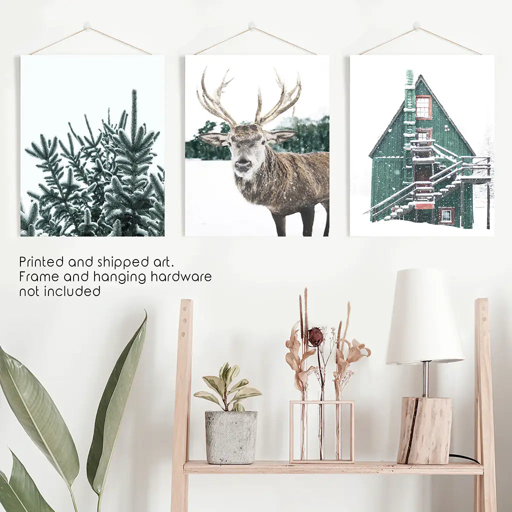 Rustic Christmas Wall Art Set of 3 Deer Prints