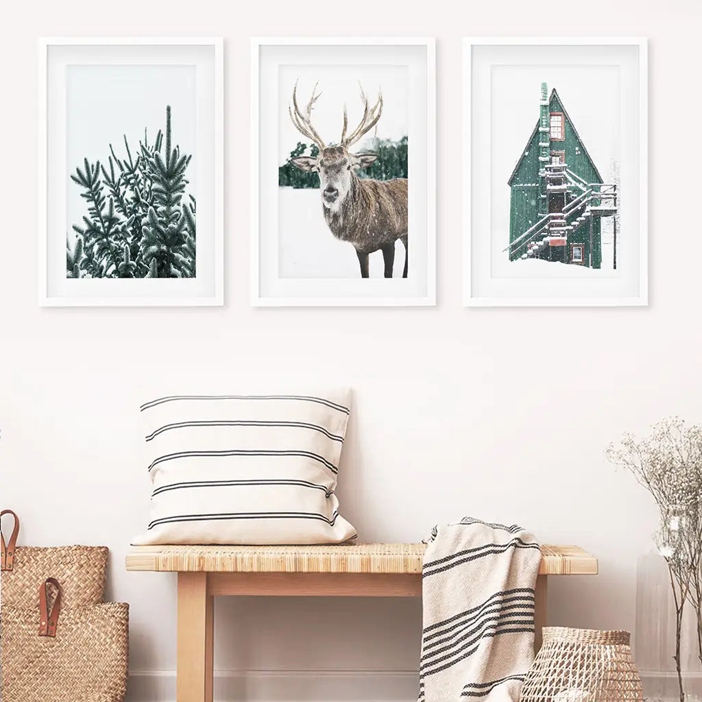 Rustic Christmas Wall Art Set of 3 Deer Prints