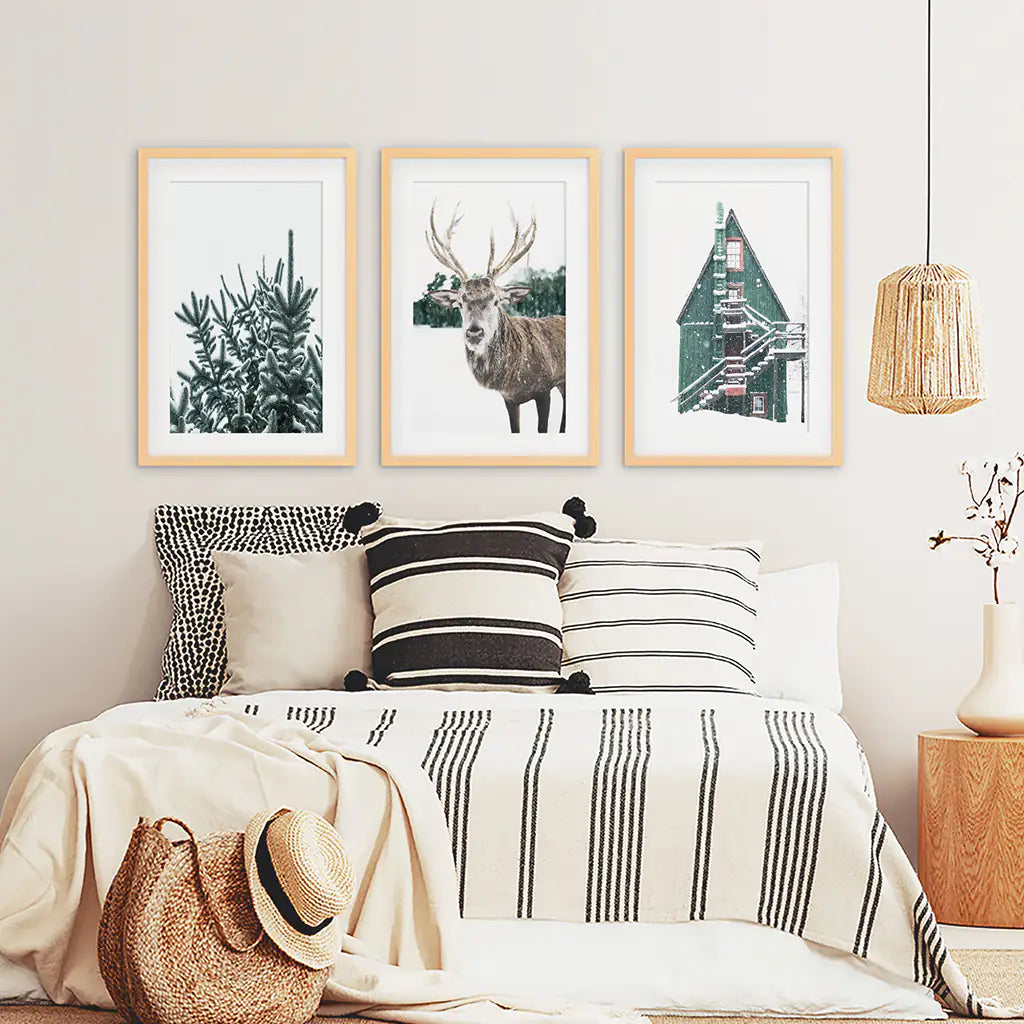 Rustic Christmas Wall Art Set of 3 Deer Prints