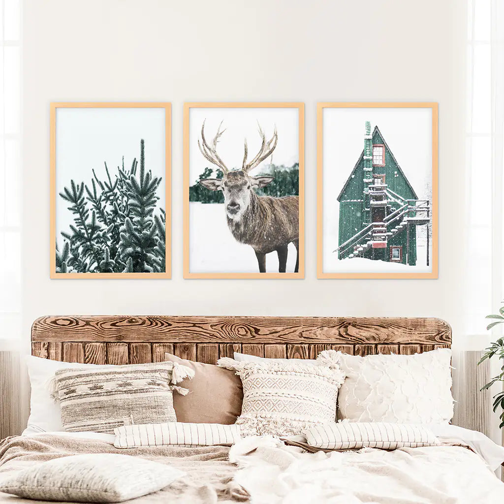 Rustic Christmas Wall Art Set of 3 Deer Prints