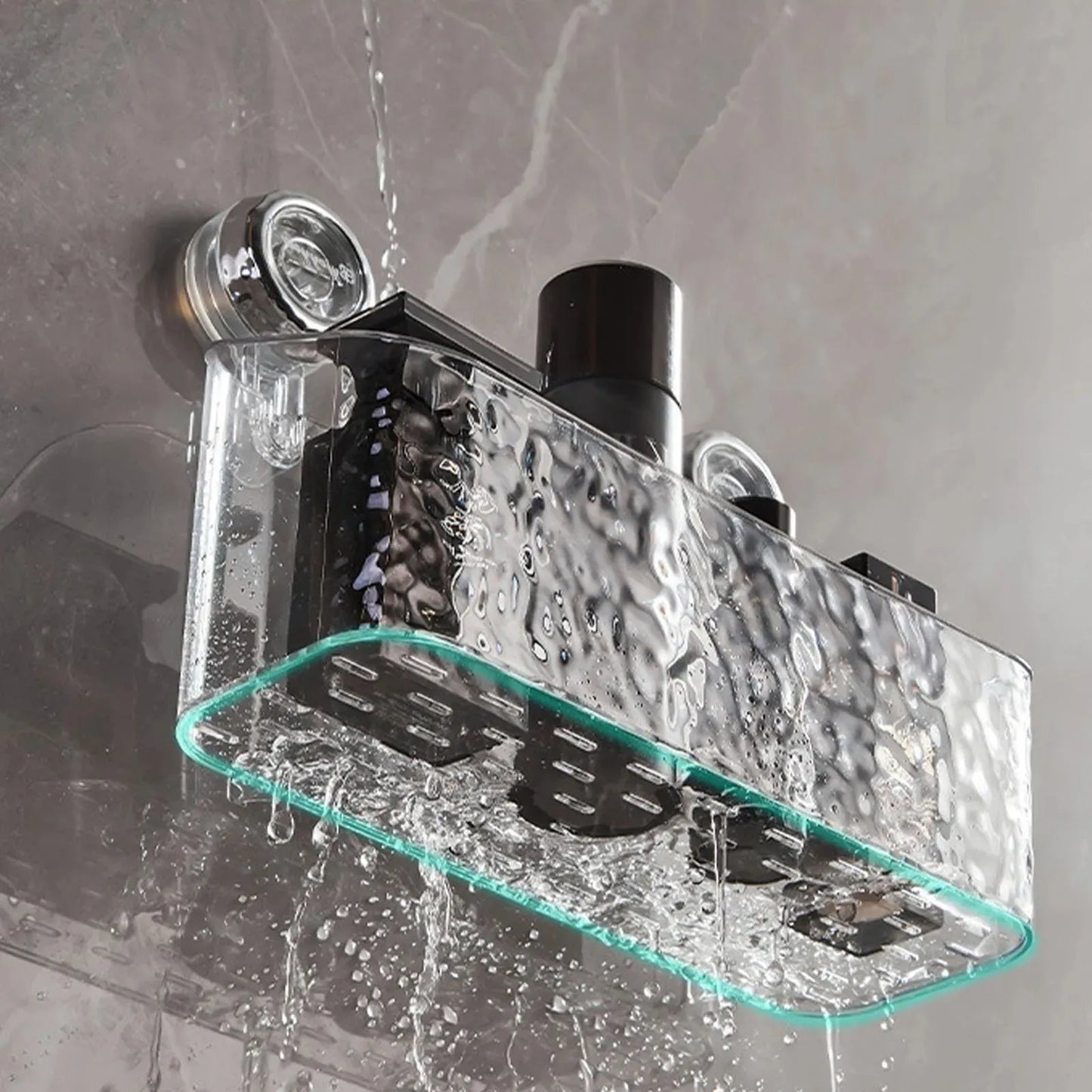 Hollow drain hole design in clear bathroom organizer preventing water buildup