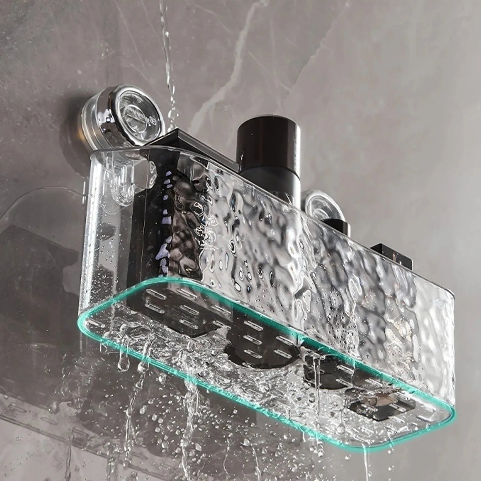 Hollow drain hole design in clear bathroom organizer preventing water buildup