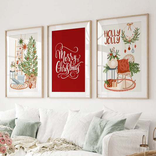 Winter Christmas scene wall art set of 3 prints
