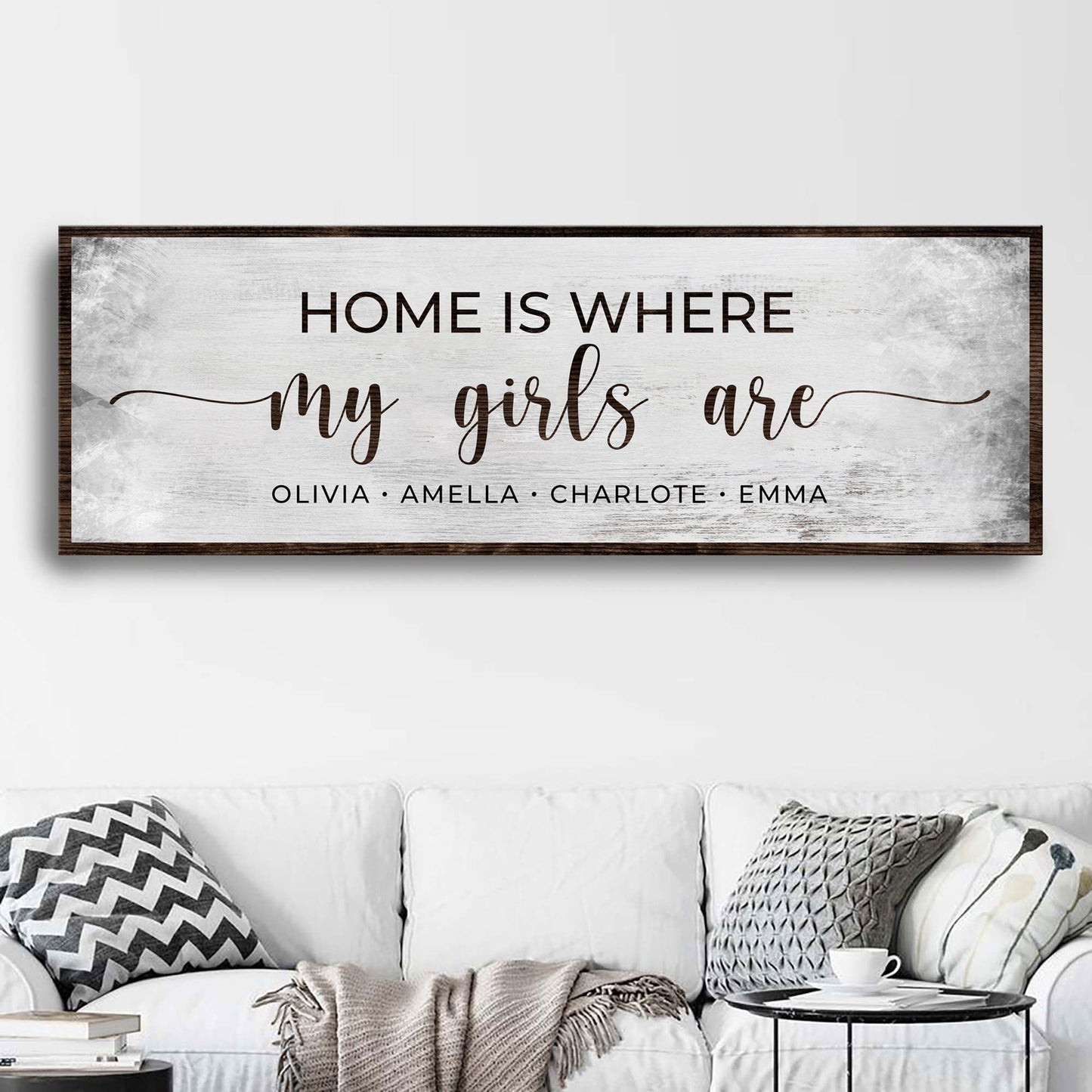 Home Is Where My Girls Are canvas wall art with loving family typography on gallery-wrapped canvas