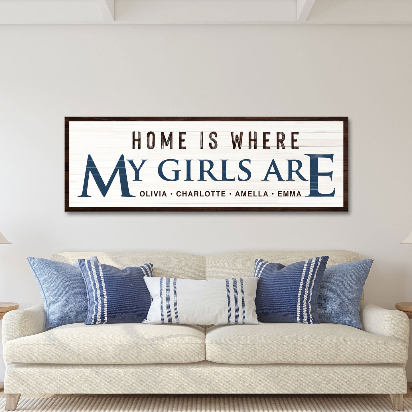 Home Is Where My Girls Are canvas wall art with warm typographic family message on gallery-wrapped canvas