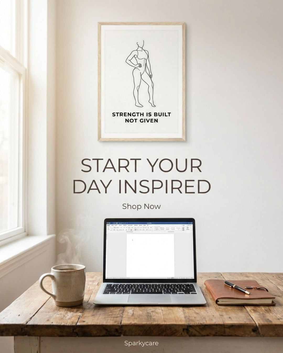 Home office setup with laptop, mug, and framed motivational poster on a wall.