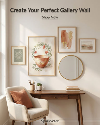 Home office with framed artwork and a mirror, promoting 'Create Your Perfect Gallery Wall' by Sparkycare.