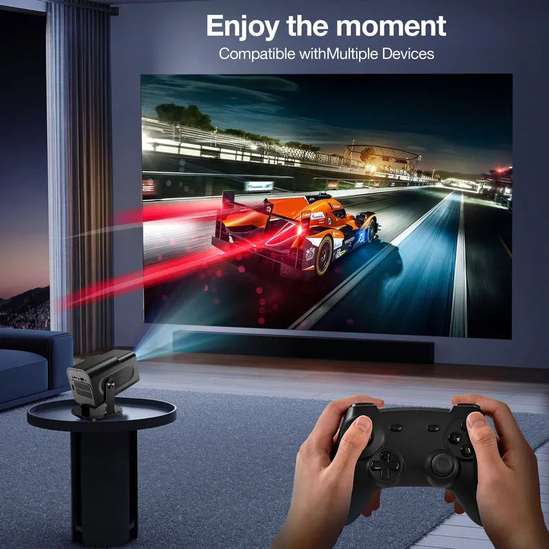 Home projector gaming setup projecting racing game with handheld controller view