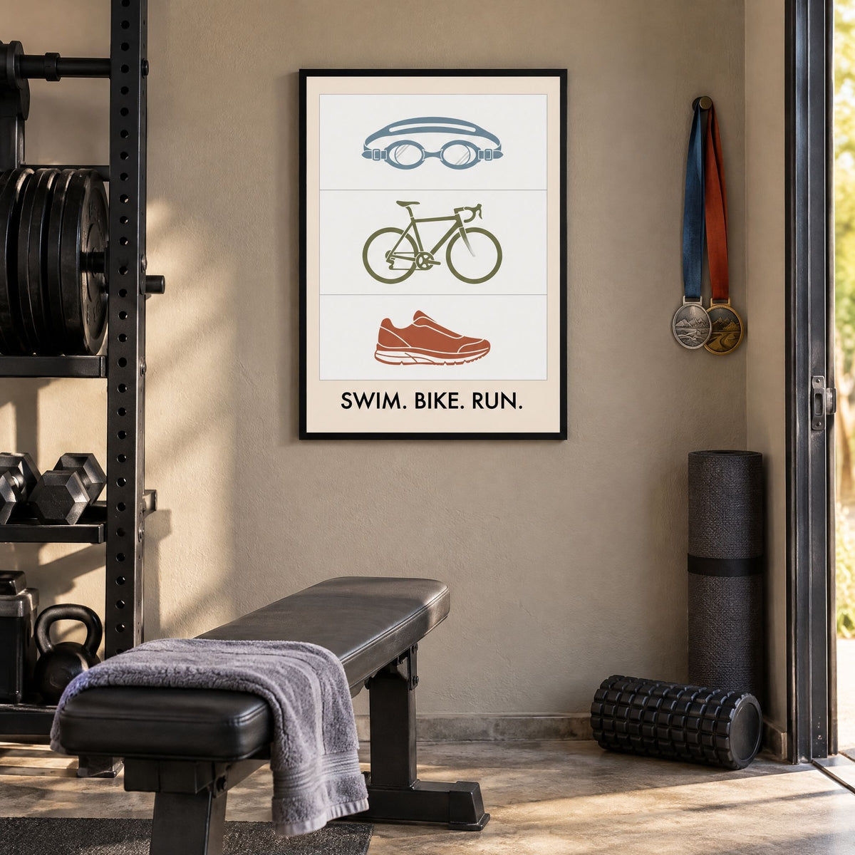 Home training room with the framed swim bike run print as its focal point, warm daylight