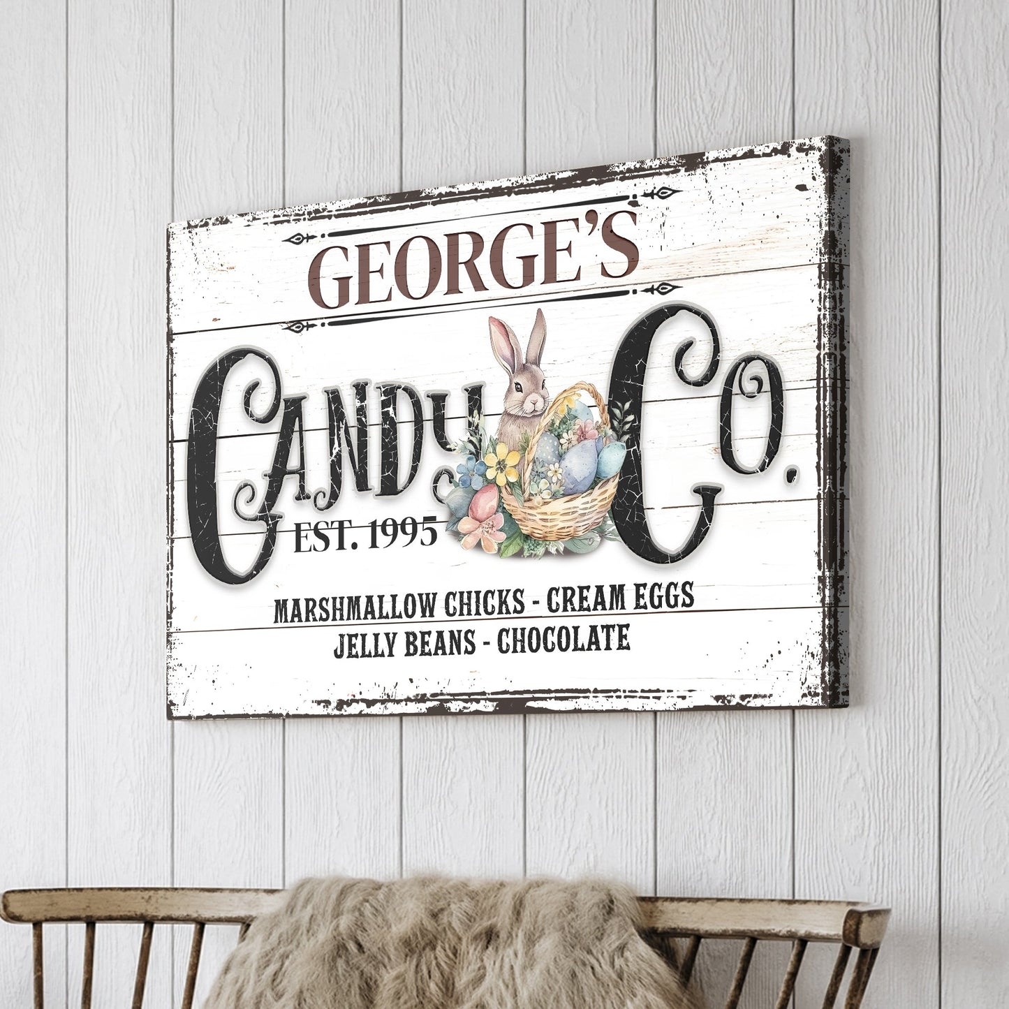Honey Bunny Candy Company retro candy shop canvas wall art with vintage typographic design on gallery-wrapped canvas