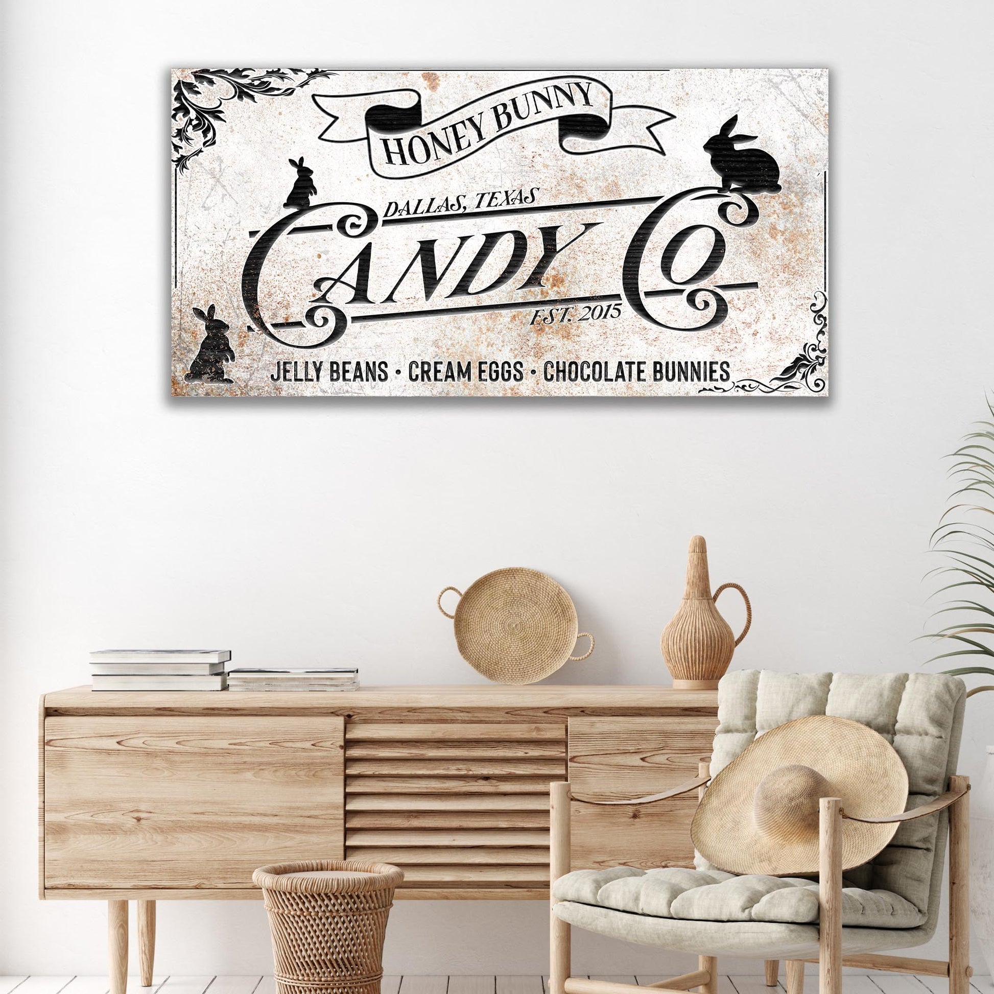 Honey Bunny Candy Company vintage sweet-shop canvas wall art with retro nostalgic typography on gallery-wrapped canvas