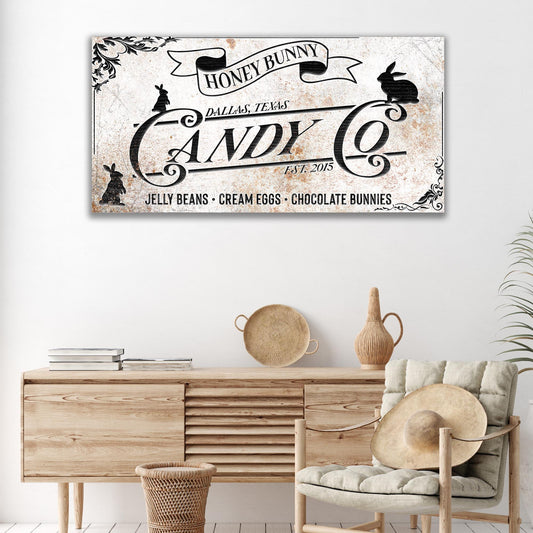 Honey Bunny Candy Company vintage sweet-shop canvas wall art with retro nostalgic typography on gallery-wrapped canvas