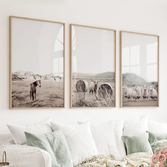 Autumn farmhouse wall art set of 3 with farm animals and haystacks in beige tones