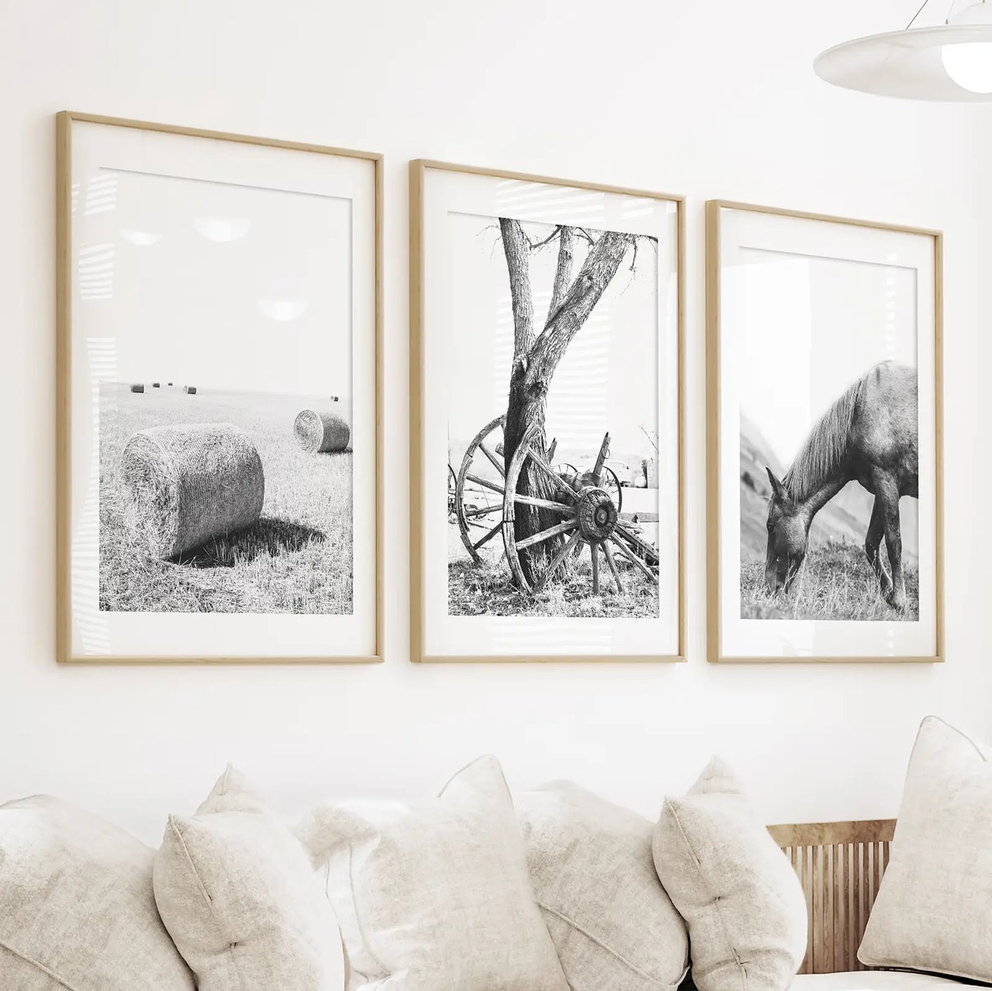 Black White Farmhouse Wall Art Set of 3. Horse, Hay Bales