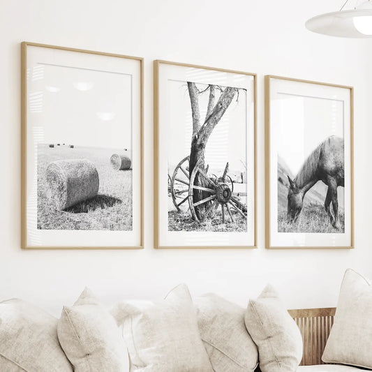 Black White Farmhouse Wall Art Set of 3. Horse, Hay Bales