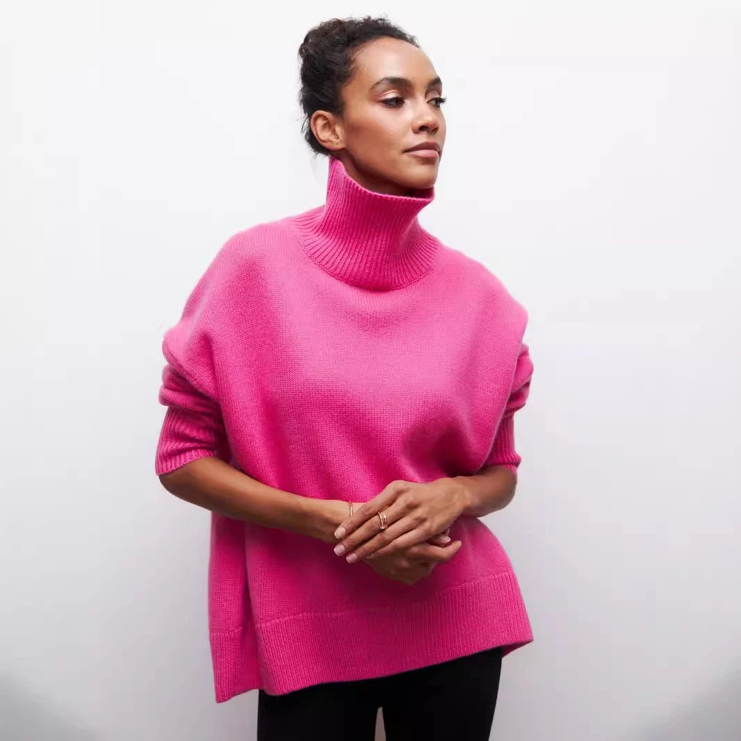 Hot pink oversized turtleneck sweater women chunky knit slouchy fit styling
